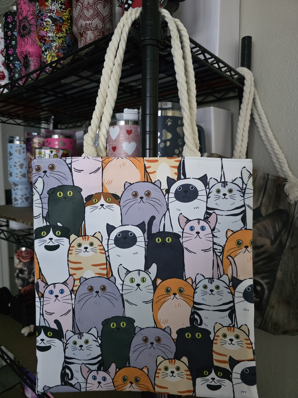 Whimsical Multi-Color Cat Print Tote Bag with Rope Handles